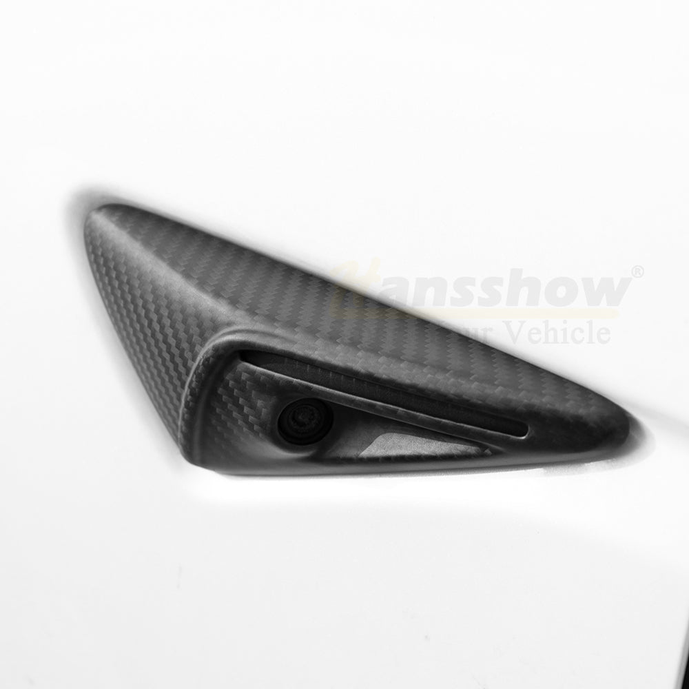 Model 3/Y Real Carbon Fiber Side Camera Cover - Side angle view for Tesla Model Y
