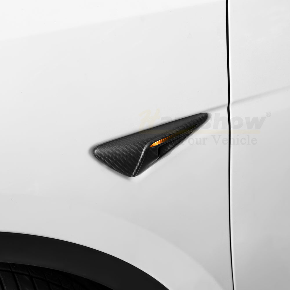 Model 3/Y Real Carbon Fiber Side Camera Cover - Installed view on Tesla Model Y