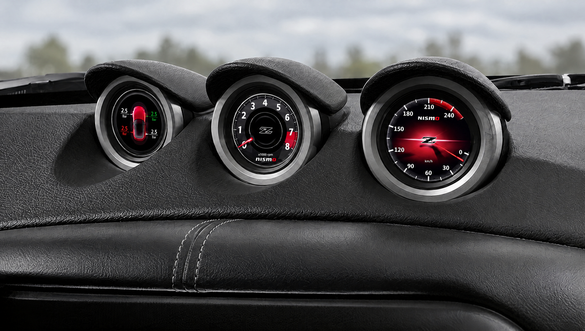 Digital triple gauges installed in the Nissan 370Z factory gauge pods