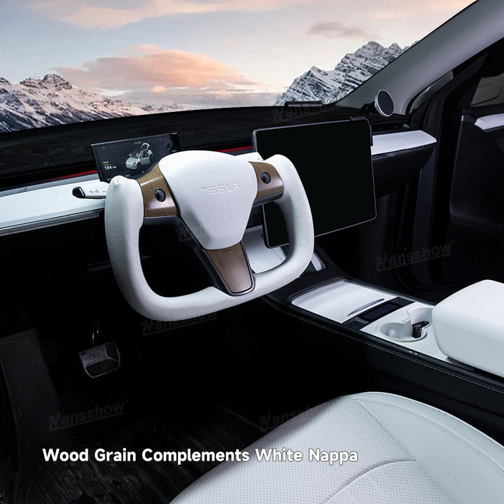 Tesla Model Y Yoke Steering Wheel In Wood Grain With Nappa - front view