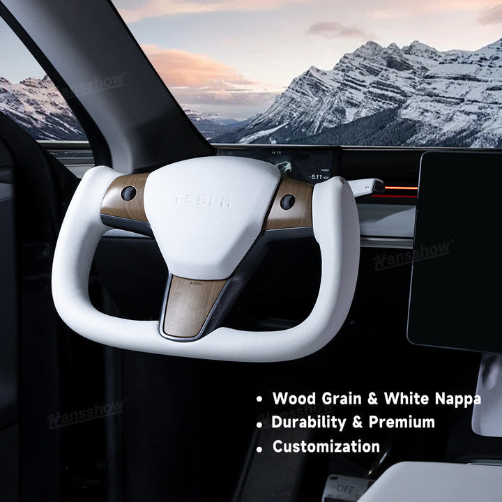 Tesla Model Y Yoke Steering Wheel In Wood Grain With Nappa - Nappa leather detail