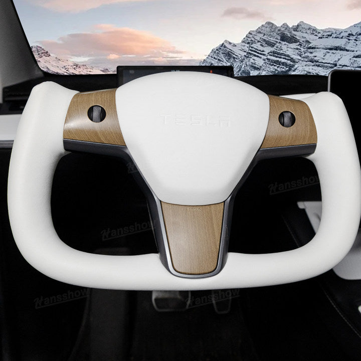 Tesla Model Y Yoke Steering Wheel In Wood Grain With Nappa - side angle