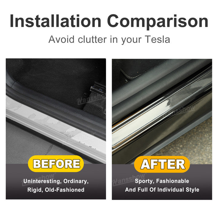 Close-up of Tesla Model Y/3 Carbon Fiber Door Sill Covers