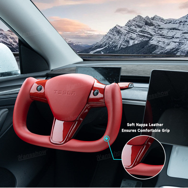 Model Y/3 Red Yoke Steering Wheel in real carbon fiber front view