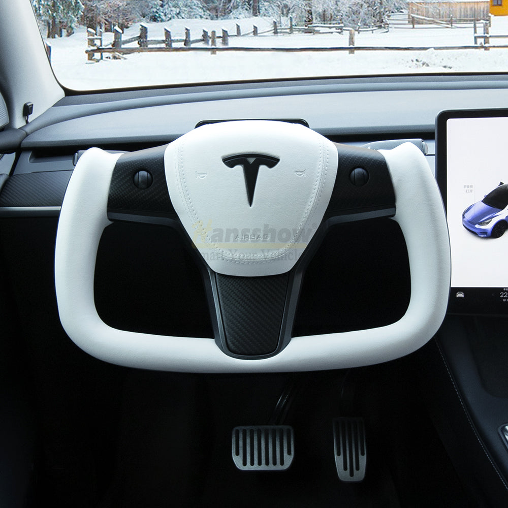 Model 3/Y Yoke Style Carbon Fiber Steering Wheel Ellipse Nappa Leather...