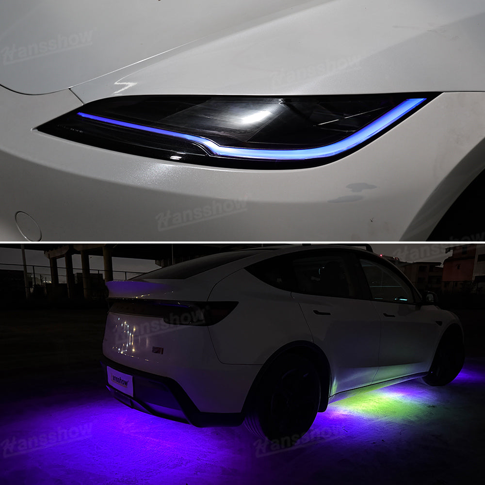 Model Y Juniper Underglow Lights LED Chassis Ambient Lighting Kit - vehicle parked with lights on