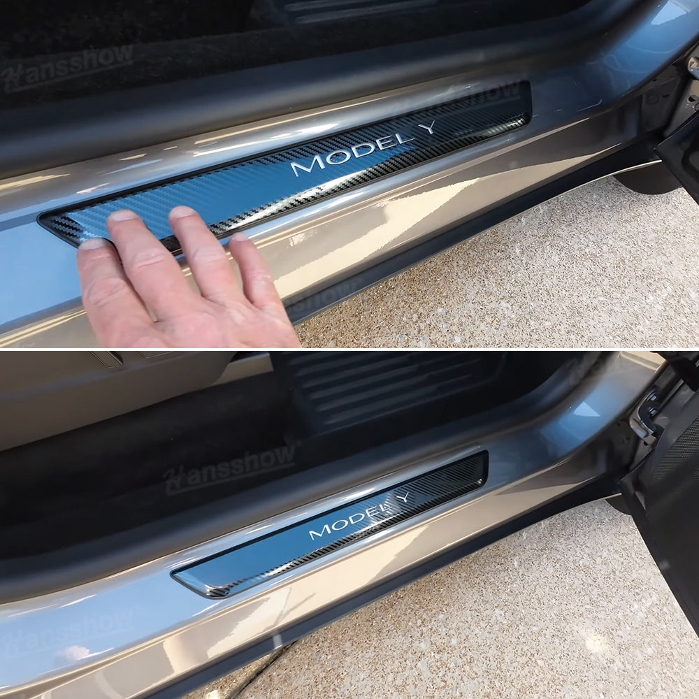 Model Y Juniper LED illuminated Welcome Pedal Door Sill Protector Hansshow - detailed view of design