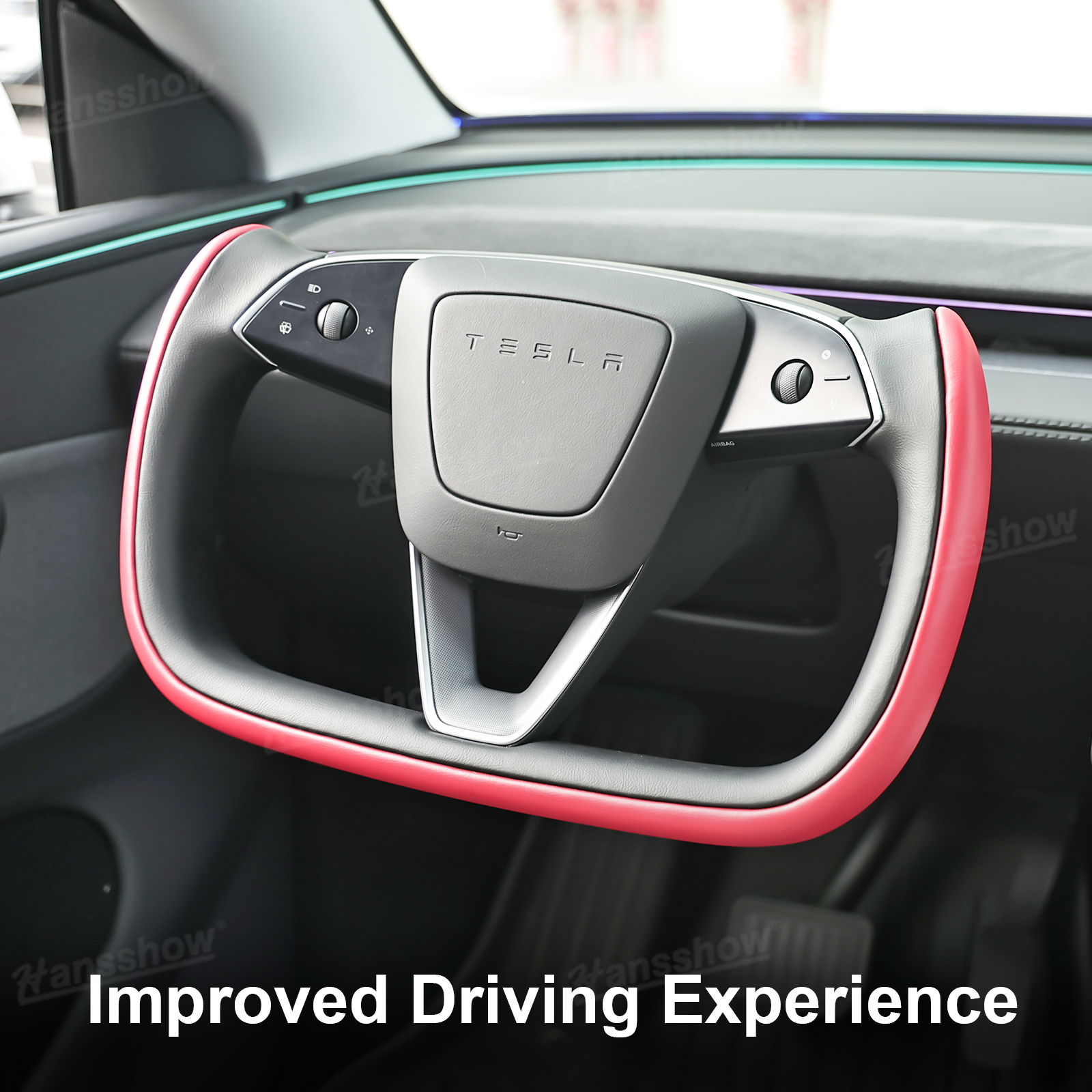 Model 3 Highland/Y Juniper Two-Tone Yoke Steering Wheel close-up of leather