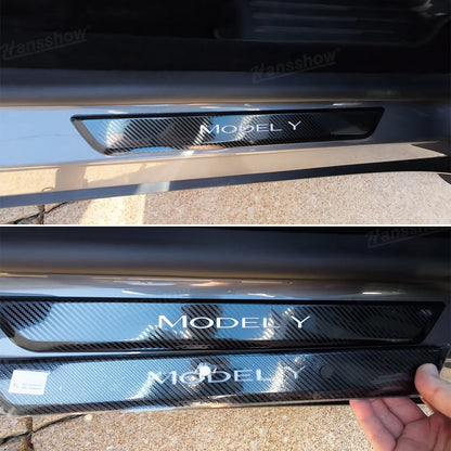 Model Y Juniper LED illuminated Welcome Pedal Door Sill Protector Hansshow - passenger side perspective