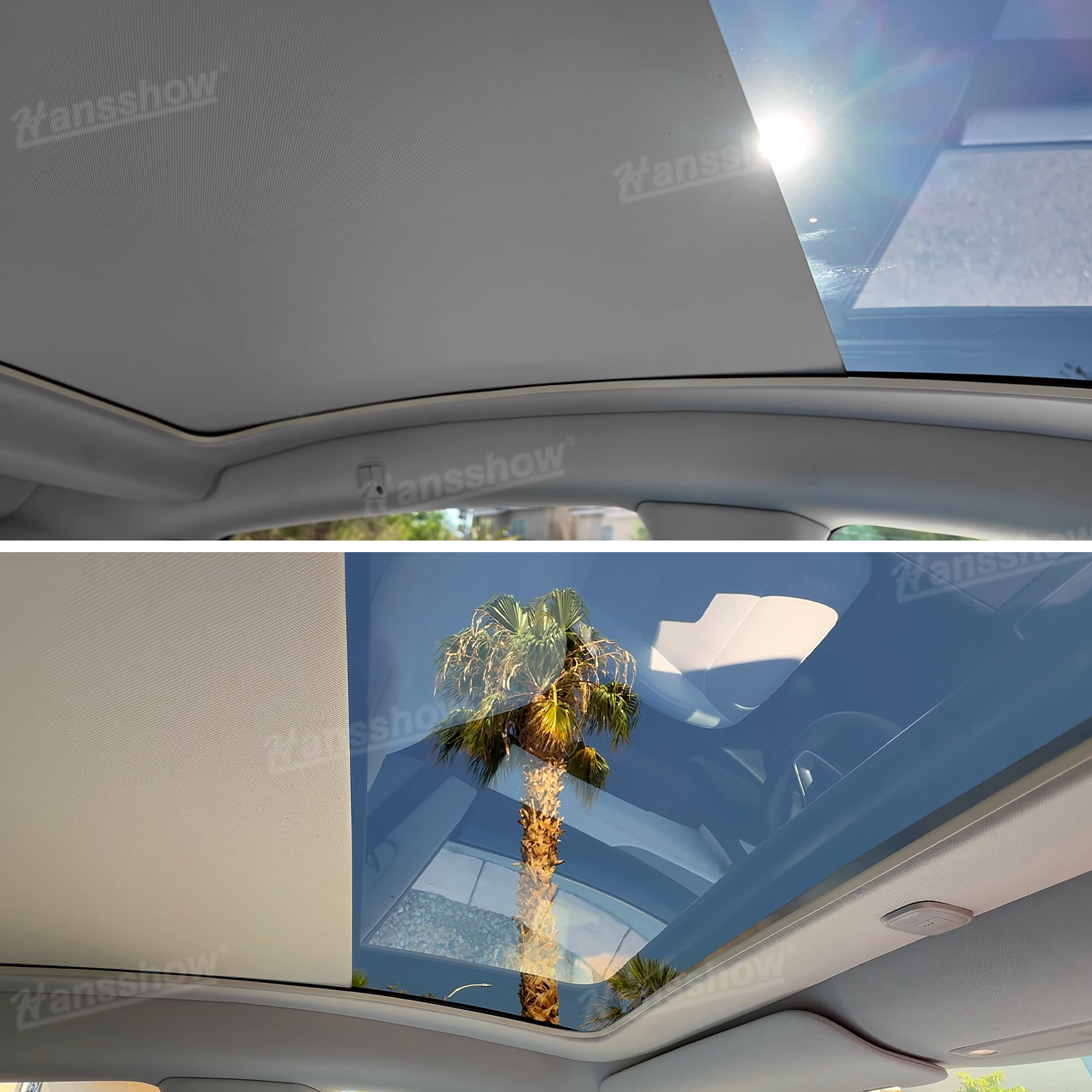 Model Y Juniper Power Sunshade with sunlight filtering through