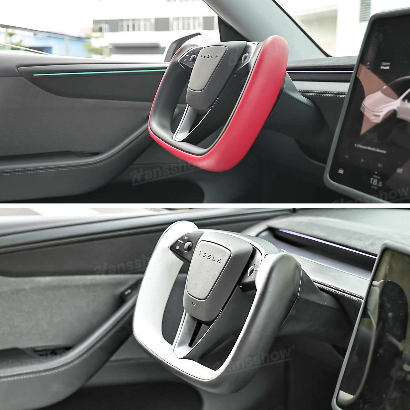 Model 3 Highland/Y Juniper Two-Tone Yoke Steering Wheel luxury detail