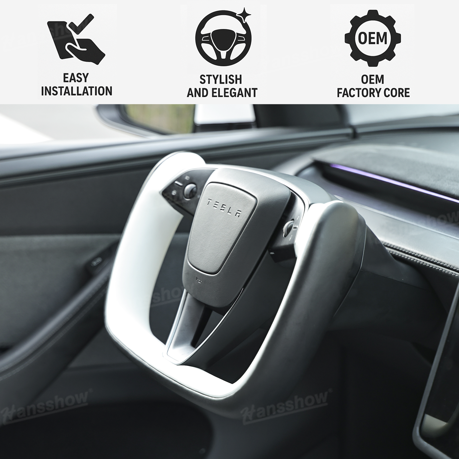 Model 3 Highland/Y Juniper Two-Tone Yoke Steering Wheel texture close-up
