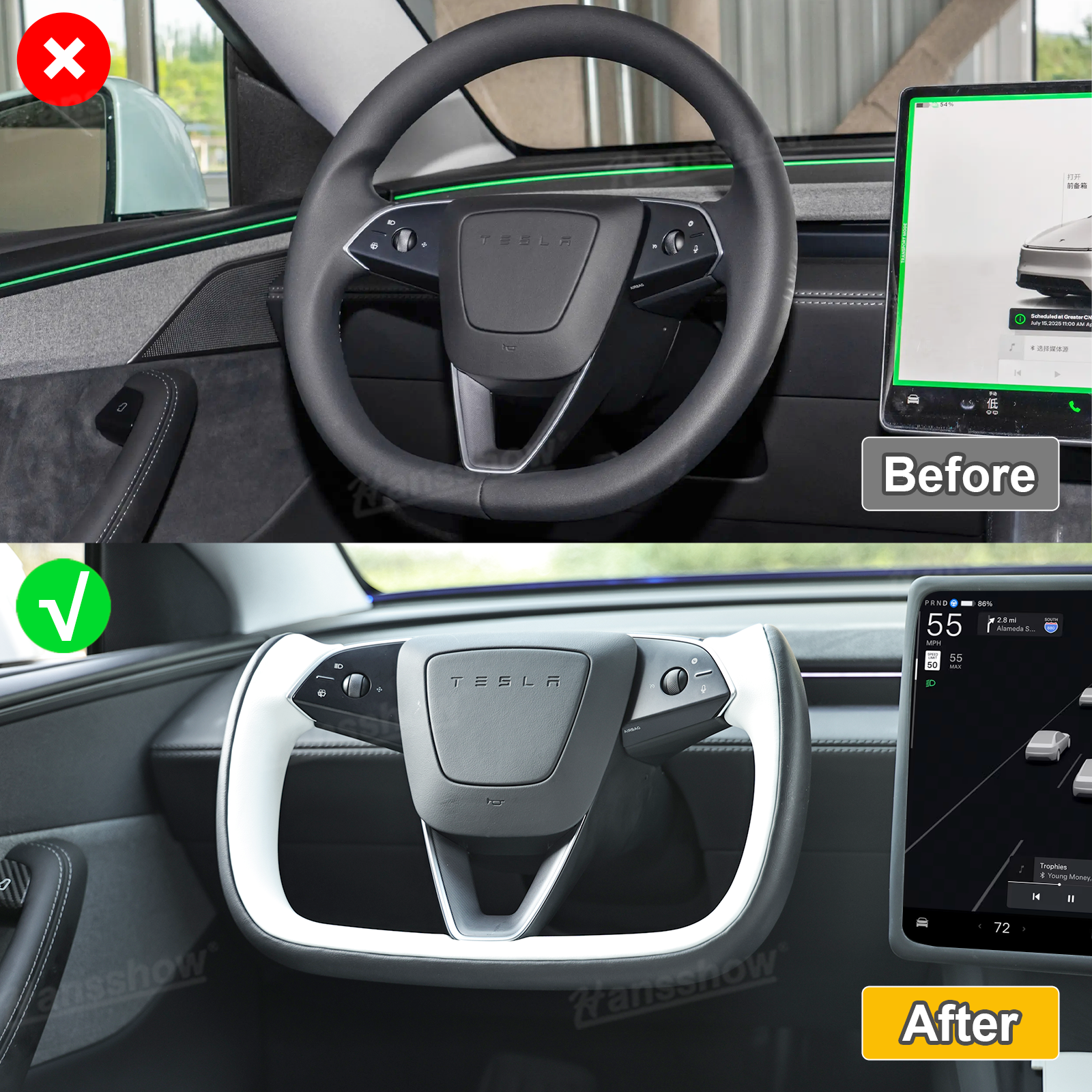 Model 3 Highland/Y Juniper Two-Tone Yoke Steering Wheel dashboard view