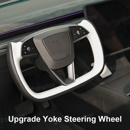Model 3 Highland/Y Juniper Two-Tone Yoke Steering Wheel interior detail