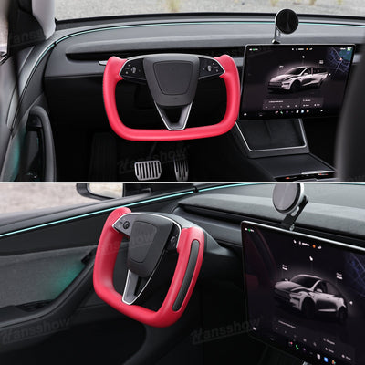 Model Y Juniper Yoke Steering Wheel grip detail with carbon fiber