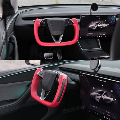 Model Y Juniper Yoke Steering Wheel grip detail with carbon fiber