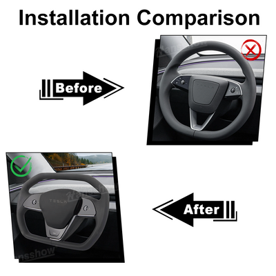 Installed view of Model Y Juniper Steering Wheel 3.0 Nappa Leather in Tesla Model Y