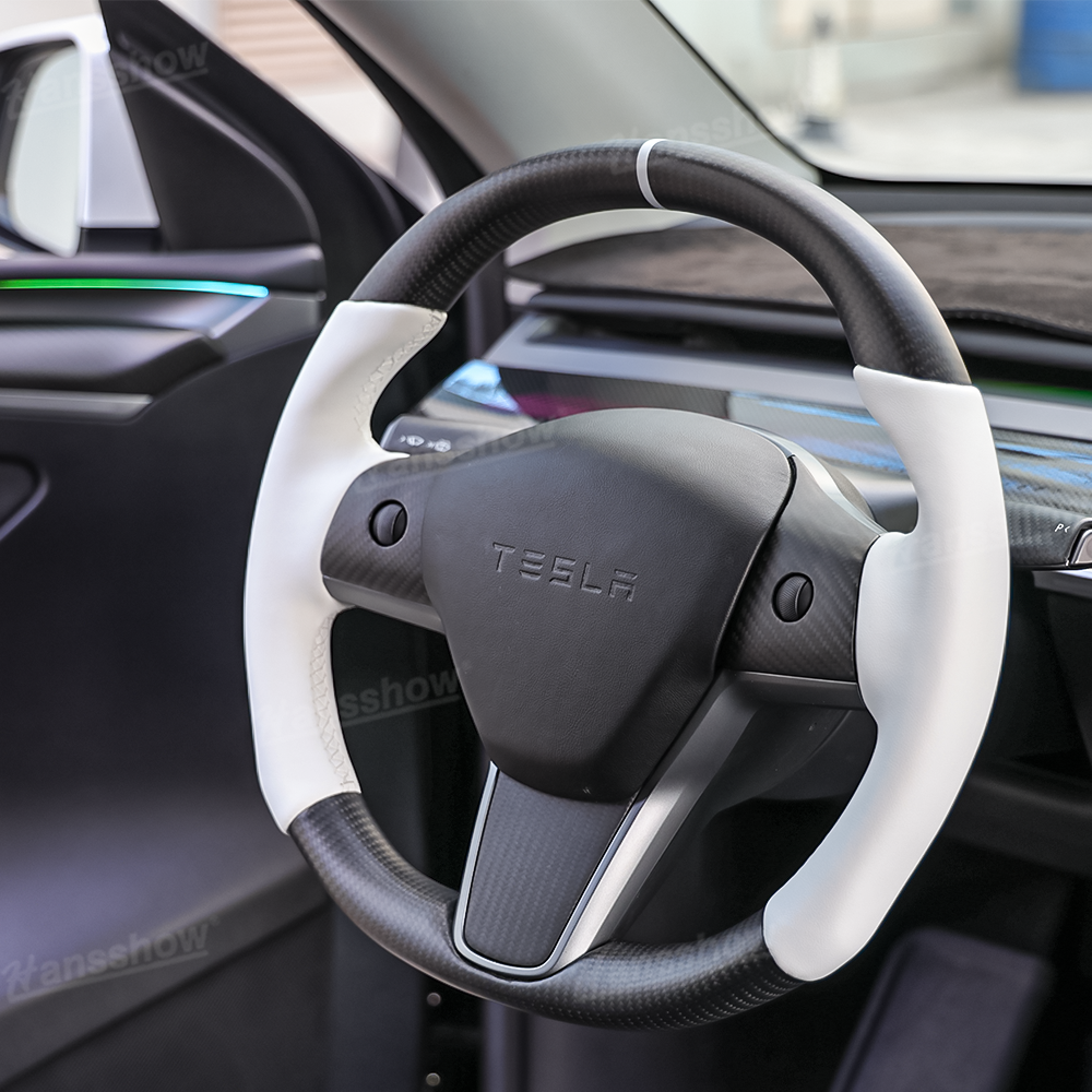 Tesla Model Y/3 Steering Wheel with White Nappa Leather - Installed View