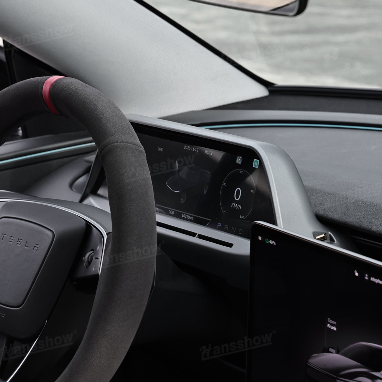 APEX 8.9-Inch CarPlay Screen installed view from driver seat in Tesla Model Y