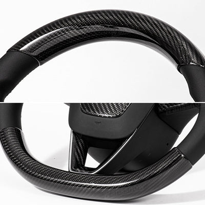 Model Y Juniper Real Carbon Fiber Steering Wheel Trim Kit installed view