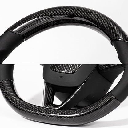Model Y Juniper Real Carbon Fiber Steering Wheel Trim Kit installed view