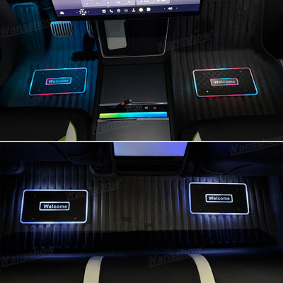 Model Y Juniper LED Floor Mat Lights with Tesla Logo - interior view with lights on