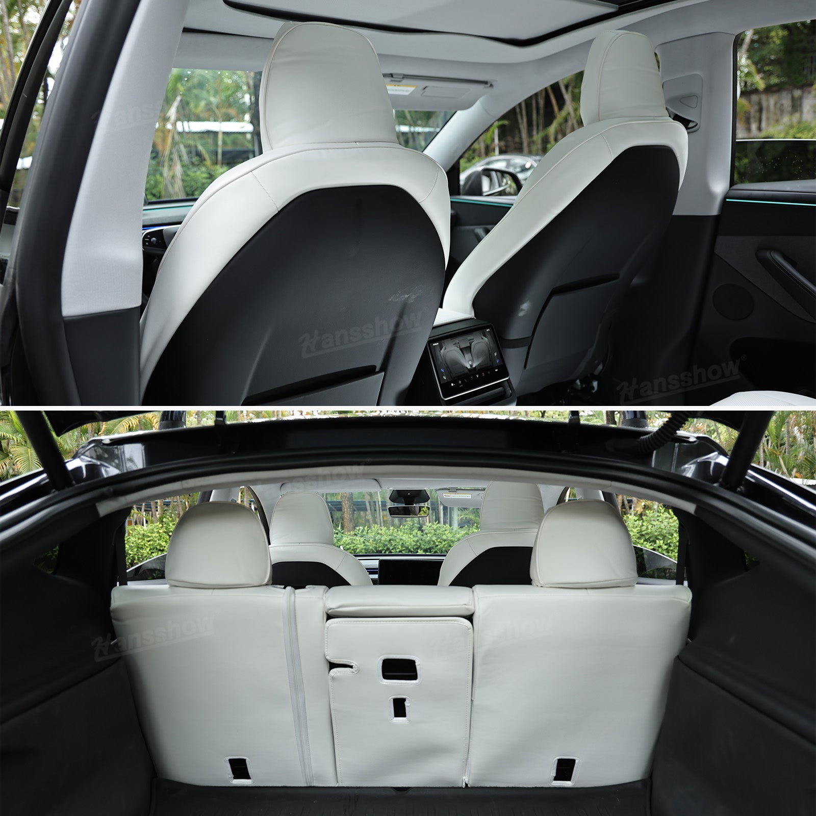 Close-up of Juniper Seat Covers stitching for Tesla Model Y