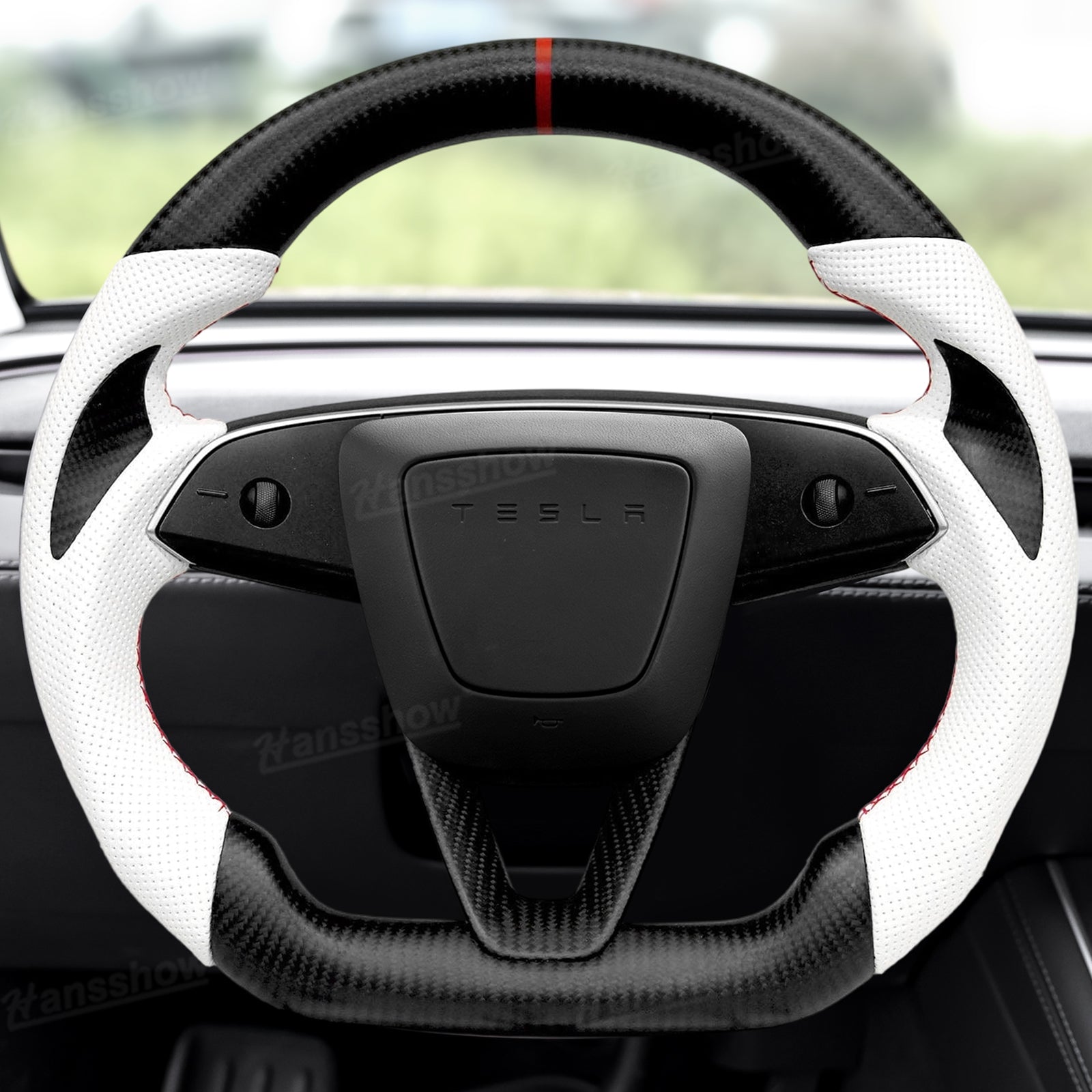 Model Y Juniper Steering Wheel Real Carbon Fiber Front View