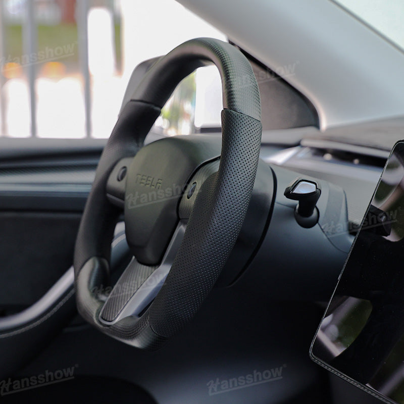 Model 3/Y Carbon Fiber Steering Wheel D-Shaped Round WIth Perforated Grip...