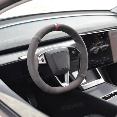 Model Y Juniper/3 Highland Premium Alcantara Steering Wheel Cover - before and after comparison