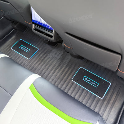 Model Y Juniper LED Floor Mat Lights with Tesla Logo - side view with lights