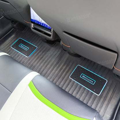 Model Y Juniper LED Floor Mat Lights with Tesla Logo - side view with lights
