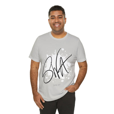 SWA Signature Splash Tee in heather red color detail view