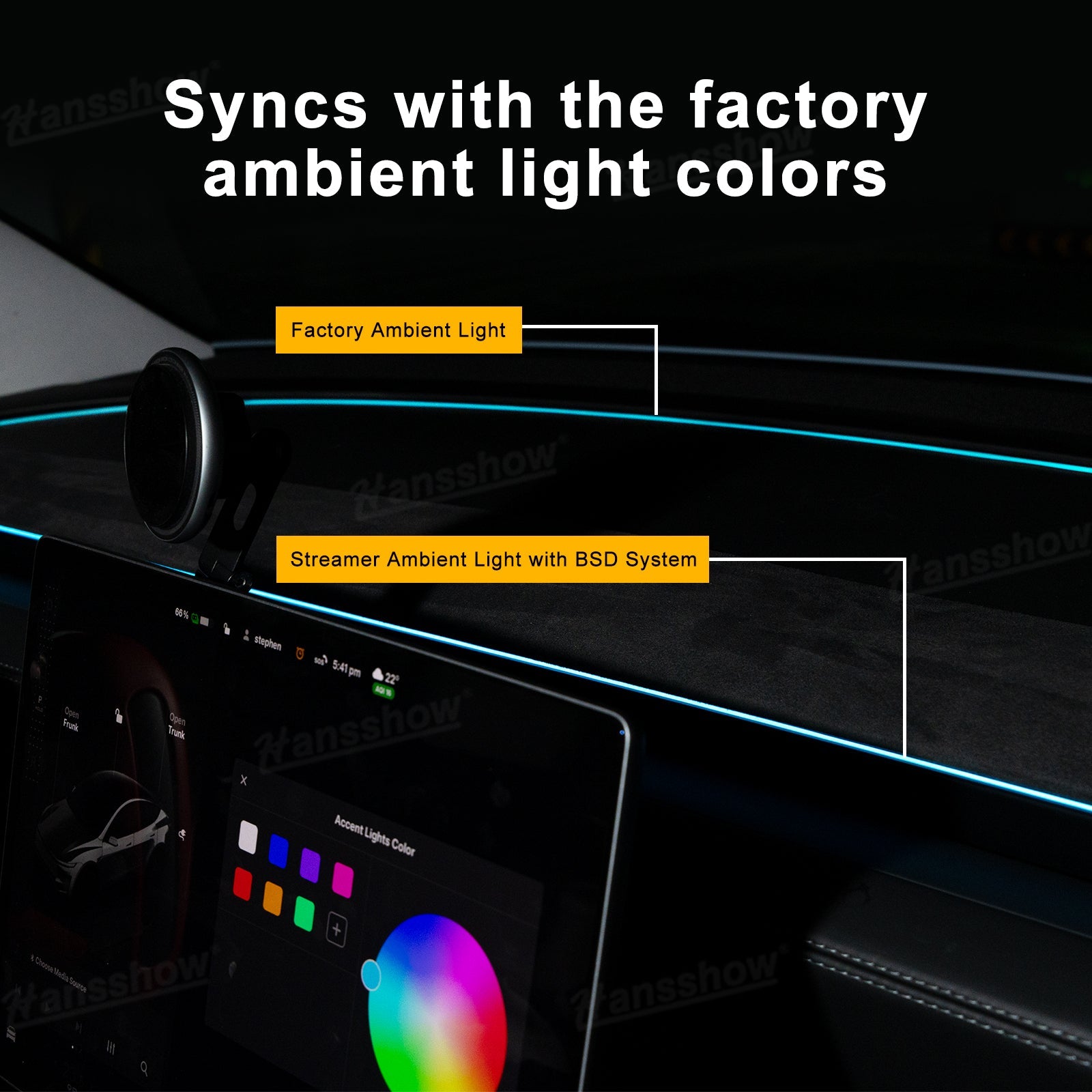 Streamer Ambient Light for Tesla Model Y & 3 color sync feature
