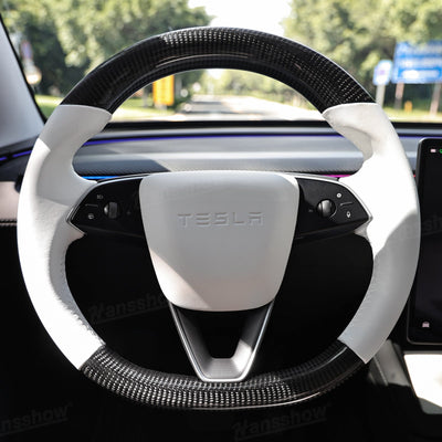Model Y Juniper Steering Wheel Carbon Fiber Style with white leather