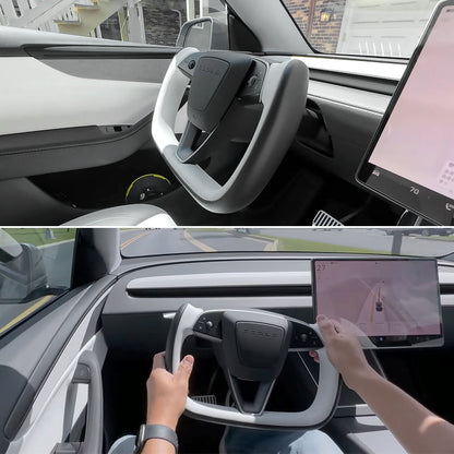 Model 3 Highland/Y Juniper Two-Tone Yoke Steering Wheel lifestyle shot