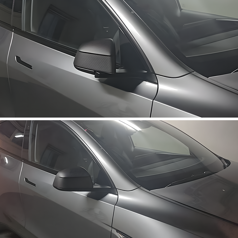 Model Y Juniper Side Mirror Real Carbon Fiber Overlay Covers - before and after