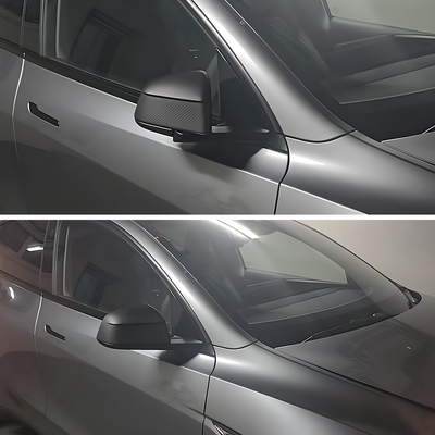 Model Y Juniper Side Mirror Real Carbon Fiber Overlay Covers - before and after