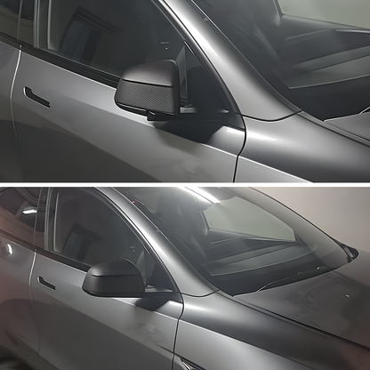 Model Y Juniper Side Mirror Real Carbon Fiber Overlay Covers - before and after