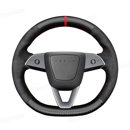 Model Y Juniper Steering Wheel Wrap showing carbon fiber leather