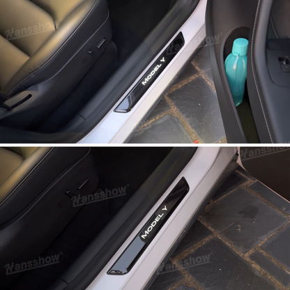 Model 3/Y LED illuminated Welcome Pedal Door Sill Protector for Tesla Model Y - close-up of installation