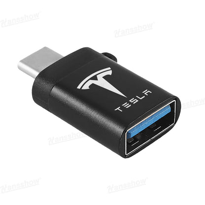 Type-C to USB Adapter with TESLA Logo for Tesla Model Y Juniper - lifestyle shot in vehicle