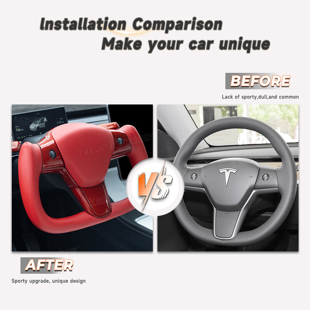 Model Y/3 Red Yoke Steering Wheel in real carbon fiber side view