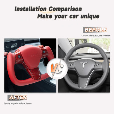 Model Y/3 Red Yoke Steering Wheel in real carbon fiber side view