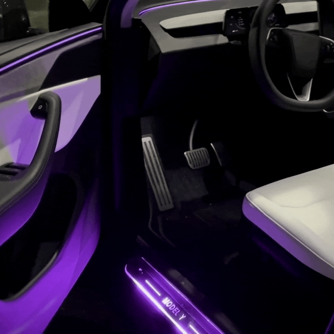 Model Y Juniper RGB Door Sill Plates with ambient lighting