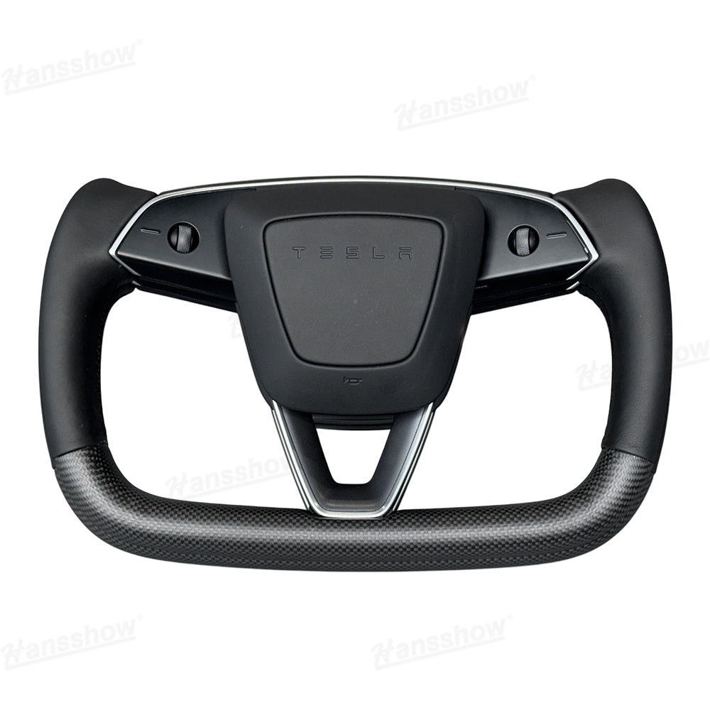 Model Y Juniper Yoke Steering Wheel showcasing sporty carbon fiber details