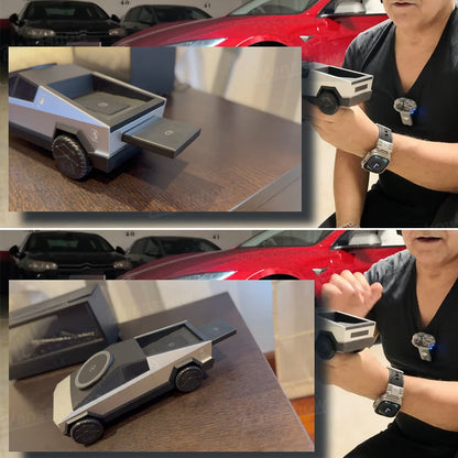 Cybertruck Style 3-In-1 Wireless Charging Station with devices charging