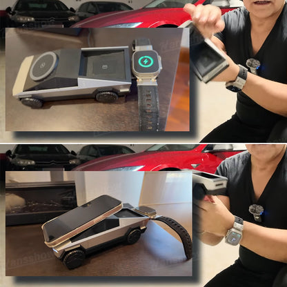 Cybertruck Style 3-In-1 Wireless Charging Station showing charging ports