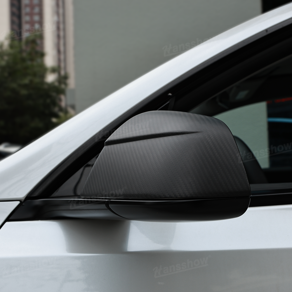 Model Y Juniper Side Mirror Real Carbon Fiber Overlay Covers - side angle