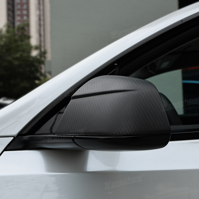 Model Y Juniper Side Mirror Real Carbon Fiber Overlay Covers - side angle